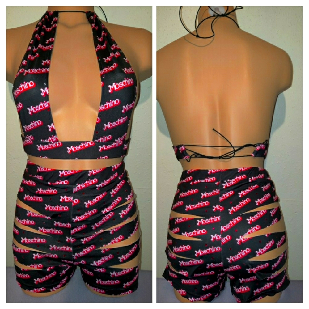 Exotic Dancewear two-piece slashed shorts set